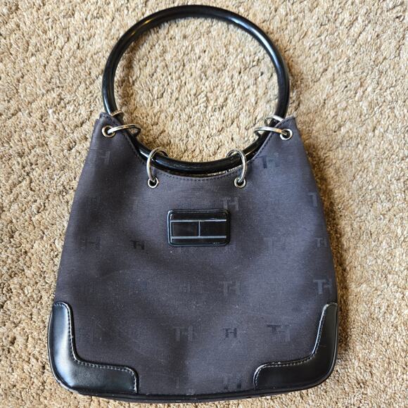 Tommy Hilfiger Y2K Black Handbag Ring Handle Ring Canvas Streetwear Club - Picture 2 of 9